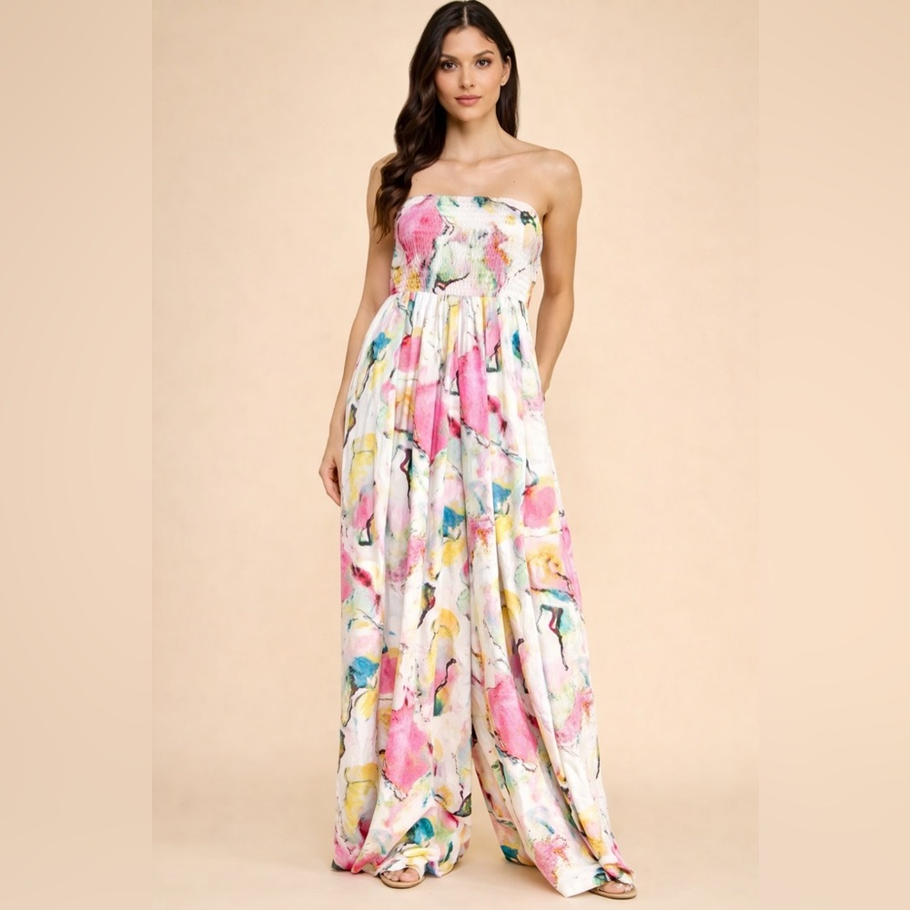 Hers and Mine Watercolor Satin Tube Smocked Jumpsuit